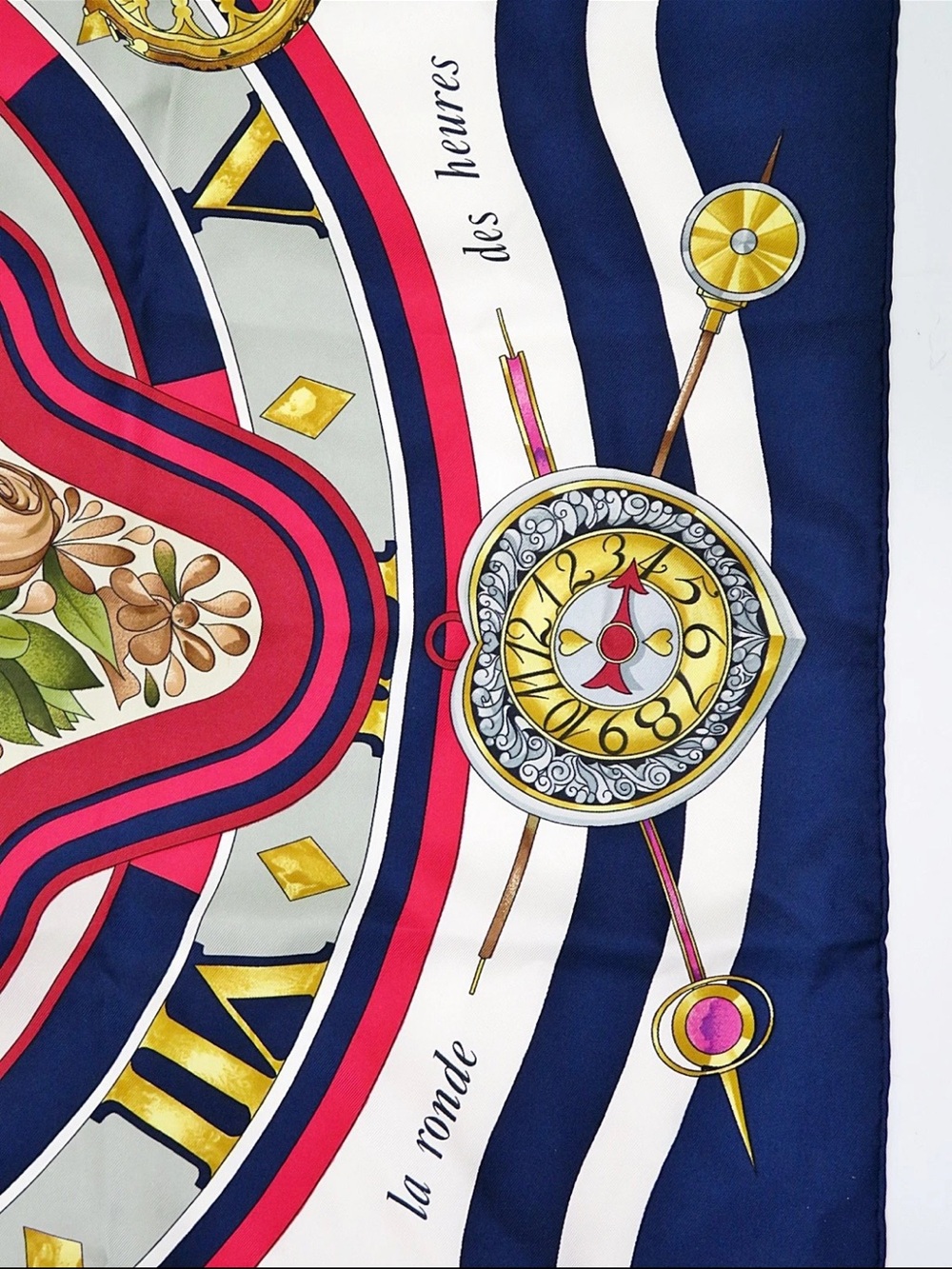 Hermès Navy, Red, Pink & Gold Clock Motif Silk Scarf - Picture 8 of 13